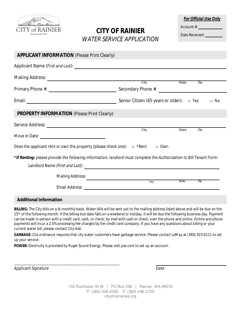 First page of the Water Service Application