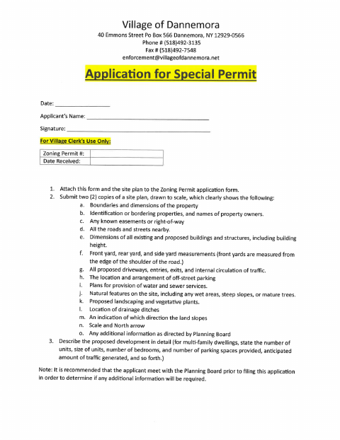 First page of the Special Permit Application
