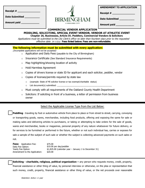 First page of the Commercial Vendor Application