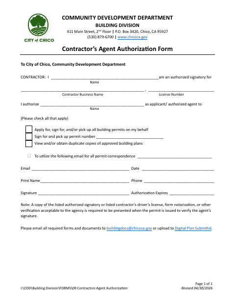 First page of the Contractor's Agent Authorization Form