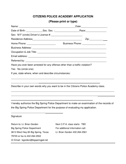 First page of the Citizens Police Academy Application