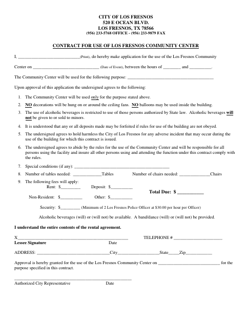 First page of the Contract For Use Of Community Center