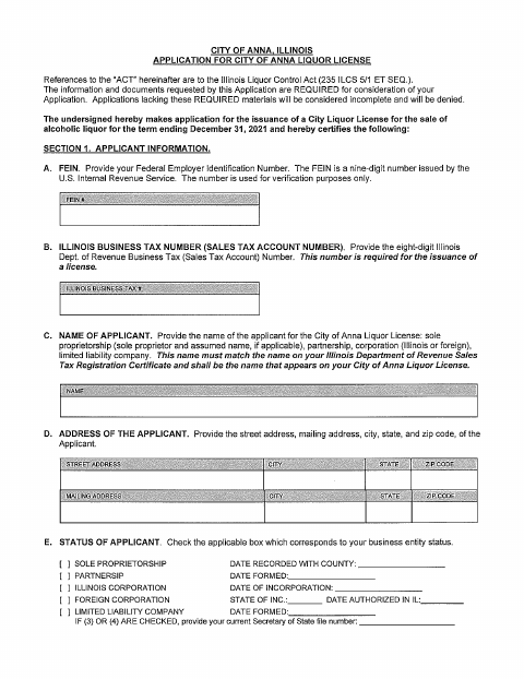 First page of the Liquor License Application