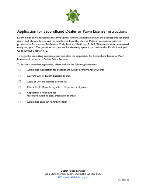 First page of the Application for Secondhand Dealer or Pawn License