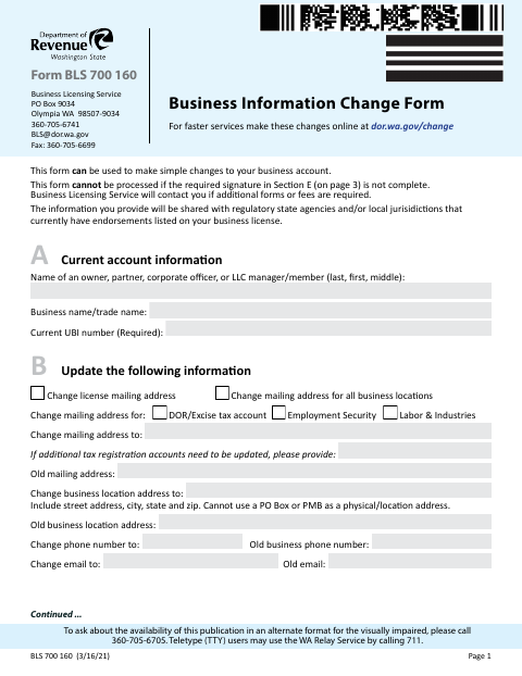 First page of the Business Information Change Form