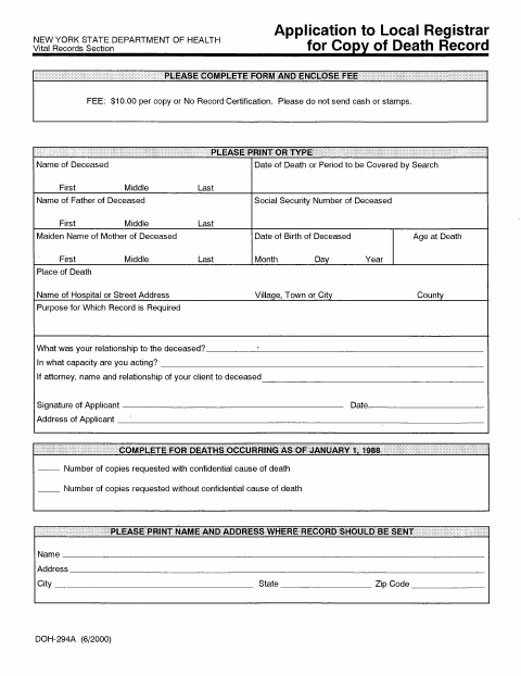 First page of the Application for Copy of Death Record