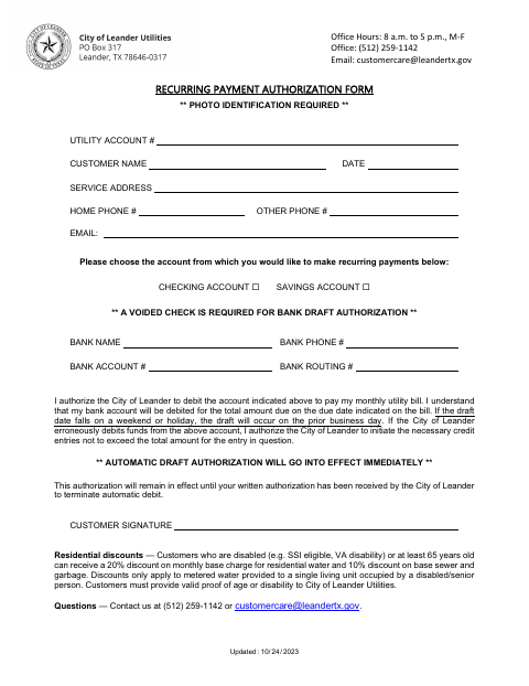 First page of the Recurring Payment Authorization Form