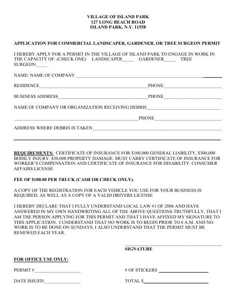 First page of the Application for Commercial Landscaper, Gardener, or Tree Surgeon Permit