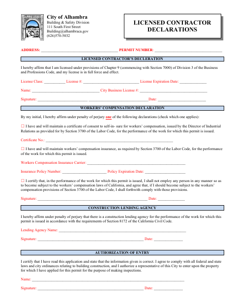 First page of the Licensed Contractor Declarations