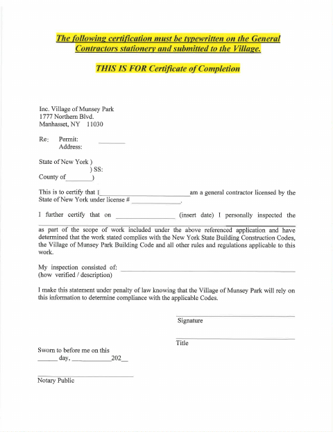 First page of the General Contractor Affidavit