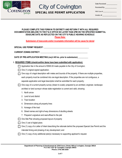First page of the Special Use Permit Application