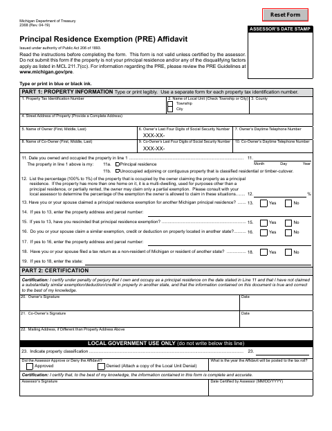 First page of the Principal Residence Exemption Affidavit
