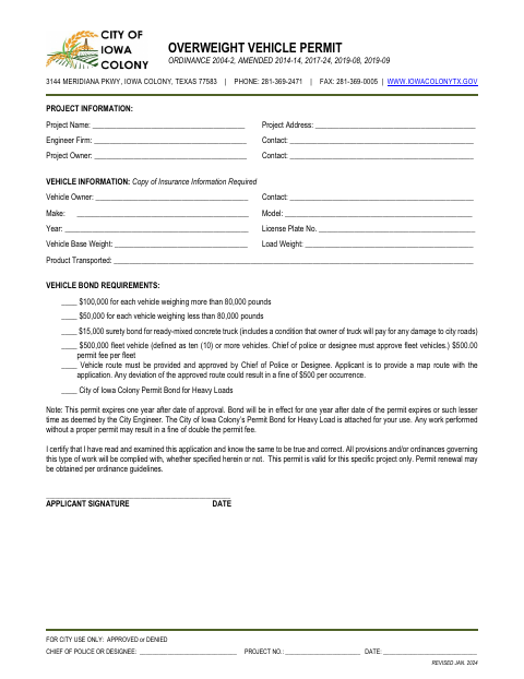 First page of the Overweight Vehicle Permit Application