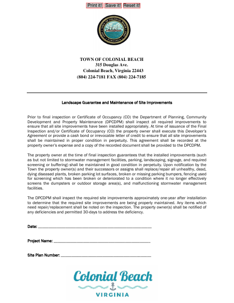 First page of the Developer’s Agreement for Landscape Guarantee and Maintenance