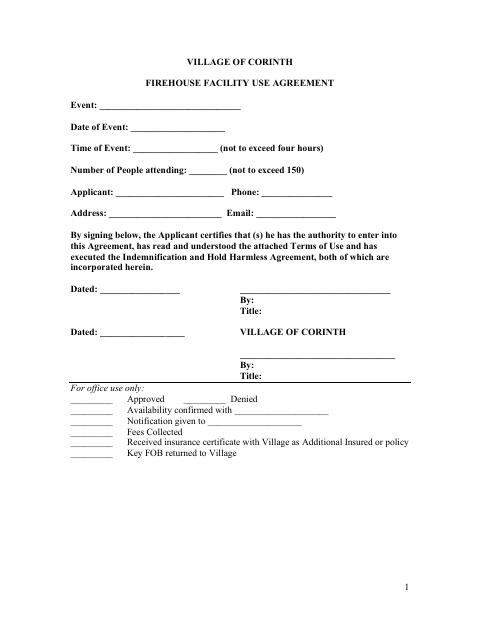 First page of the Firehouse Facility Use Agreement