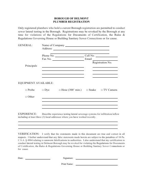 First page of the Plumber Registration