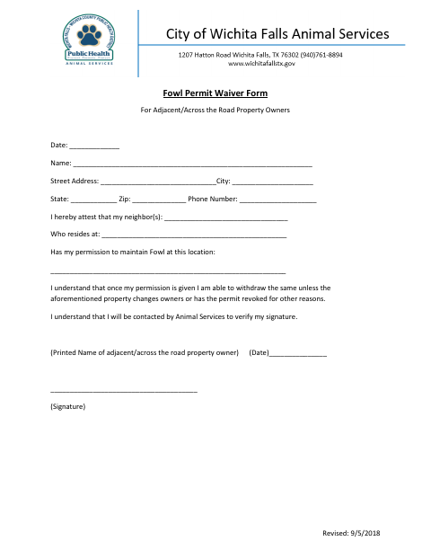 First page of the Fowl Permit Waiver Form for Adjacent or Across-the-Road Property Owners