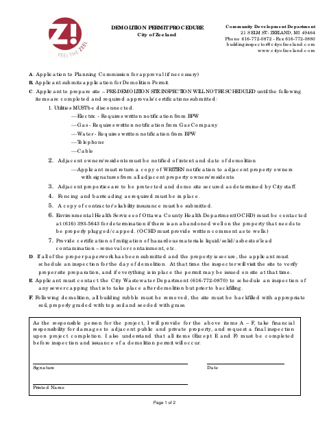 First page of the Demolition Permit Application With Procedure