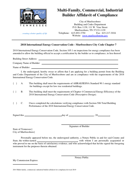 First page of the Commercial Builder Affidavit of Compliance