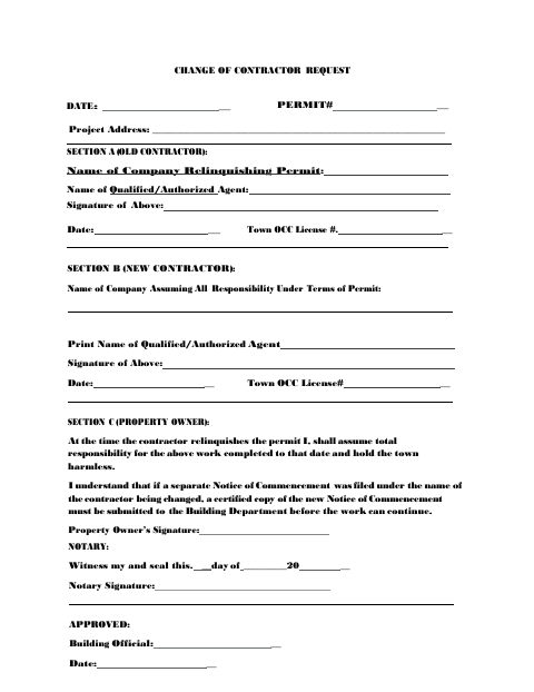 First page of the Change of Contractor Request