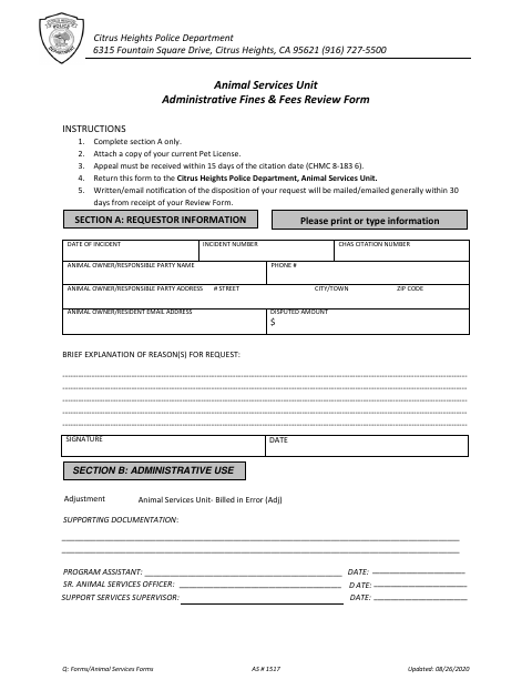 First page of the Animal Services Unit Administrative Fines & Fees Review Form