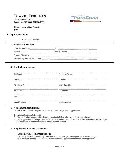 First page of the Home Occupation Permit