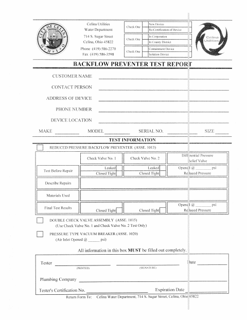 First page of the Backflow Preventer Test Report