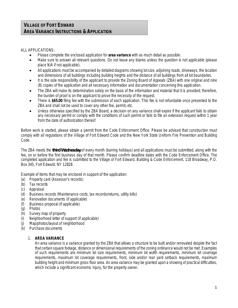 First page of the Area Variance Application