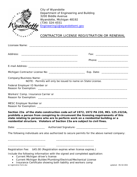 First page of the Contractor License Registration or Renewal