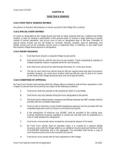 First page of the Food Truck Special Event Permit Application