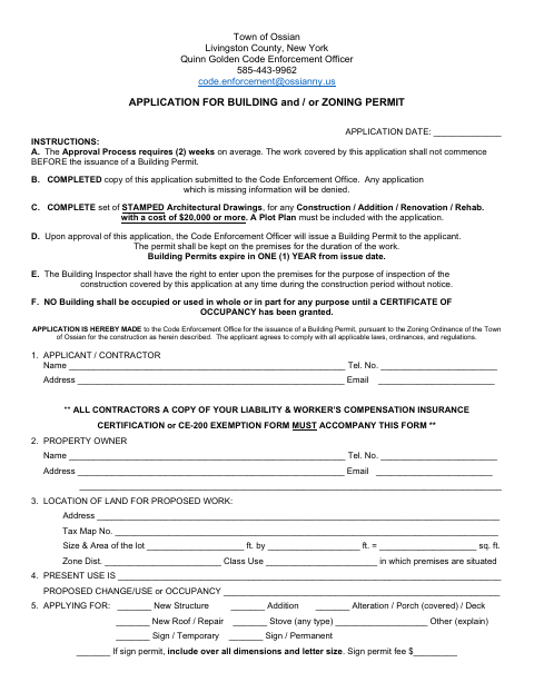 First page of the Application for Building and/or Zoning Permit
