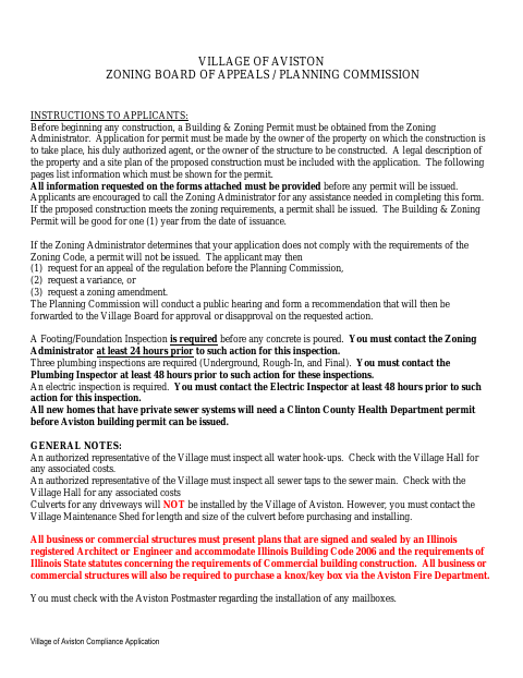 First page of the Zoning Compliance Application