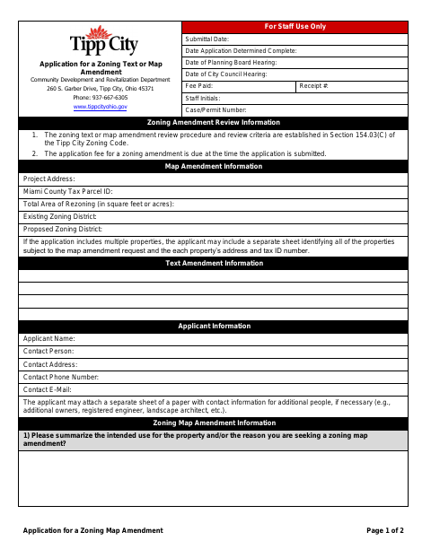 First page of the Application for a Zoning Text or Map Amendment