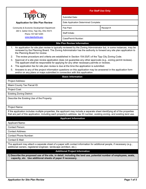 First page of the Application for Site Plan Review