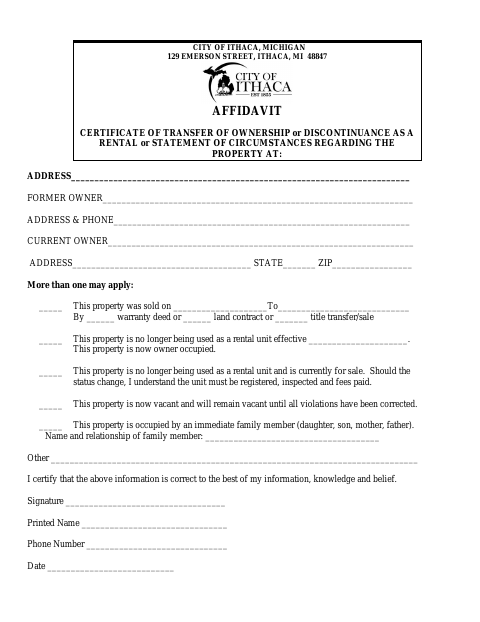 First page of the Affidavit Certificate of Transfer of Ownership or Discontinuance as a Rental