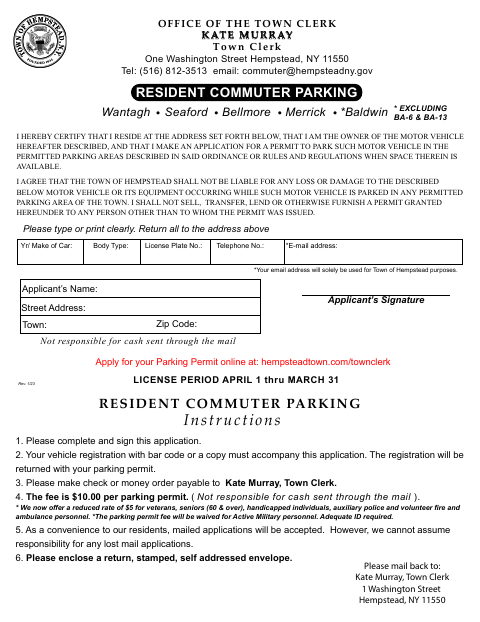 First page of the Resident Commuter Parking Permit Application