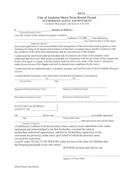 First page of the Short-Term Rental Authorized Agent Appointment