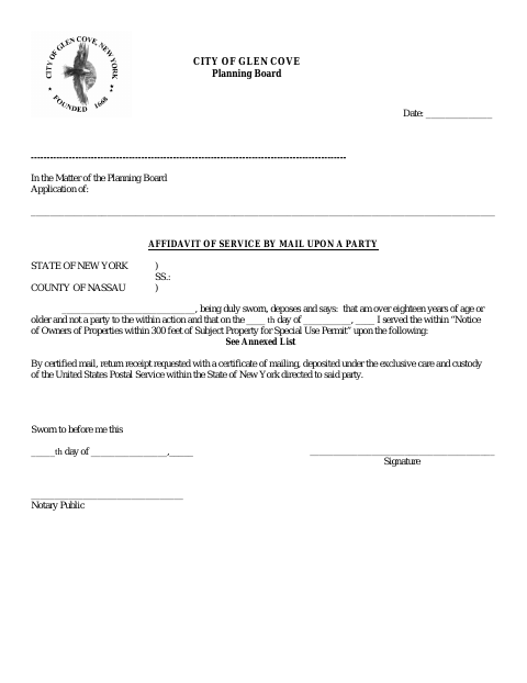 First page of the Planning Board Affidavit of Service by Mail