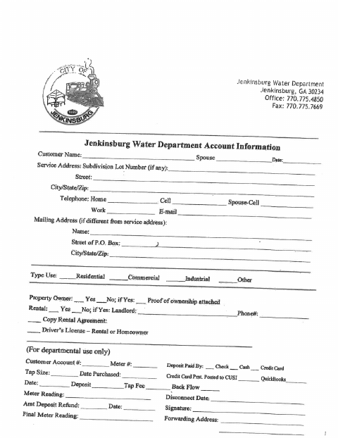 First page of the Water Application (Outside City Limits)