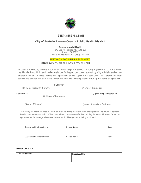 First page of the Restroom Facilities Agreement (Open Air Vendors)