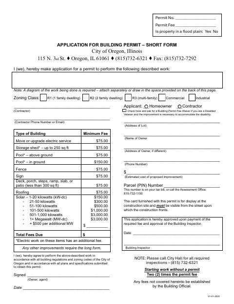 First page of the Application for Building Permit – Short Form