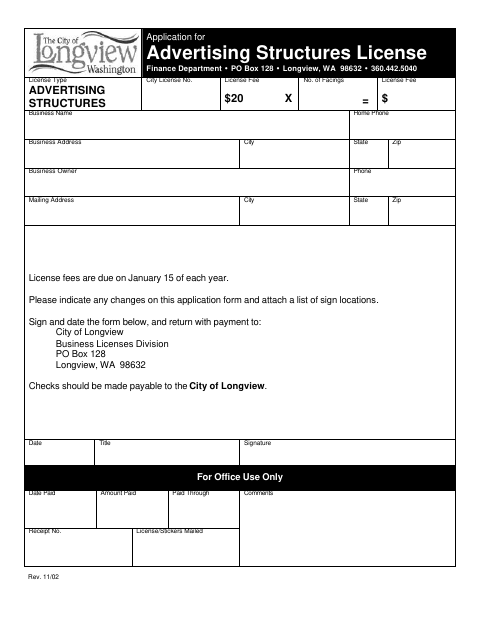 First page of the Application for Advertising Structures License