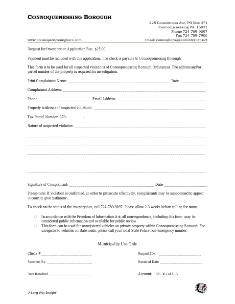First page of the Request for Investigation