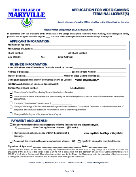 First page of the Video Gaming Terminal License Application