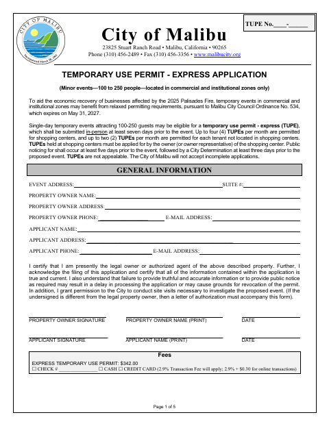 First page of the Temporary Use Permit - Express Application