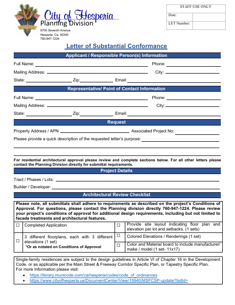 First page of the Letter of Substantial Conformance