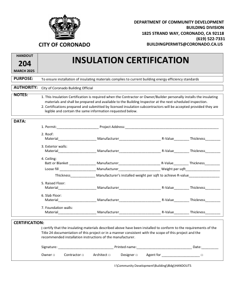 First page of the Insulation Certification