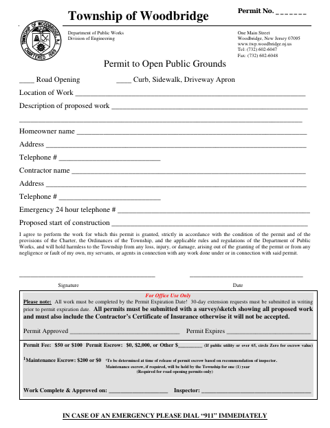 First page of the Permit to Open Public Grounds