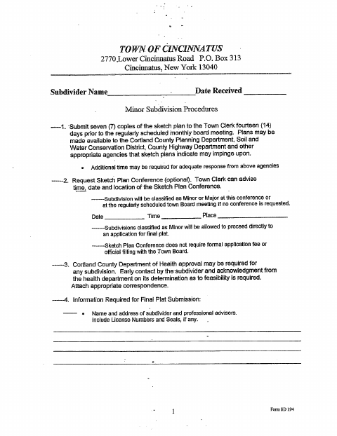 First page of the Subdivision Application