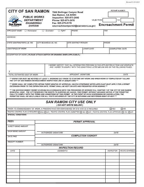 First page of the Encroachment Permit Form